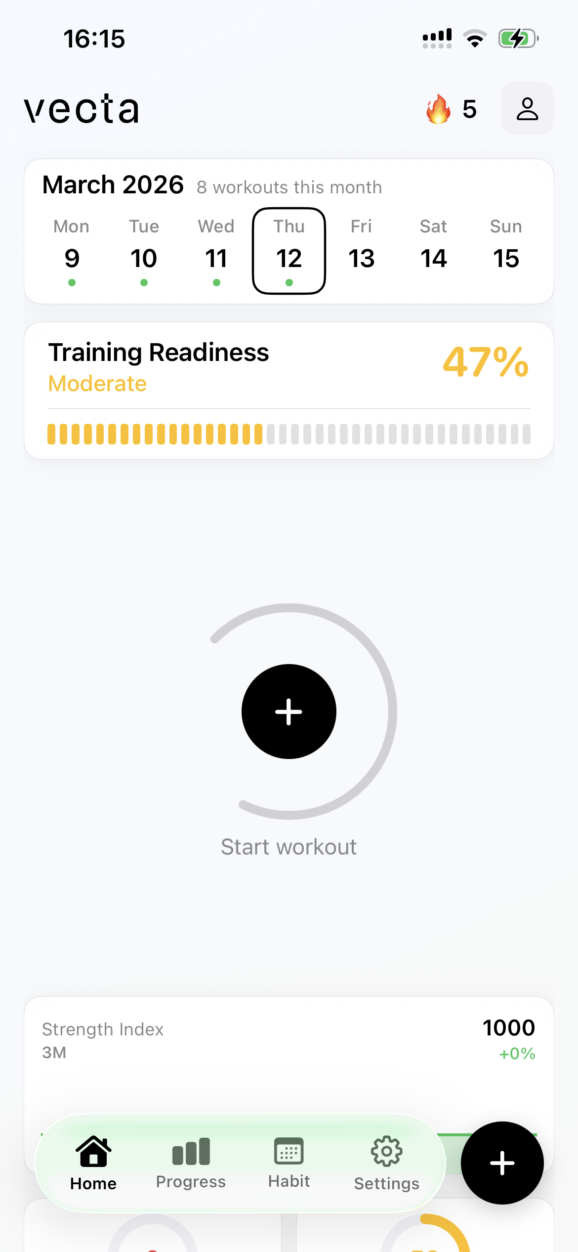 Workout home dashboard screen