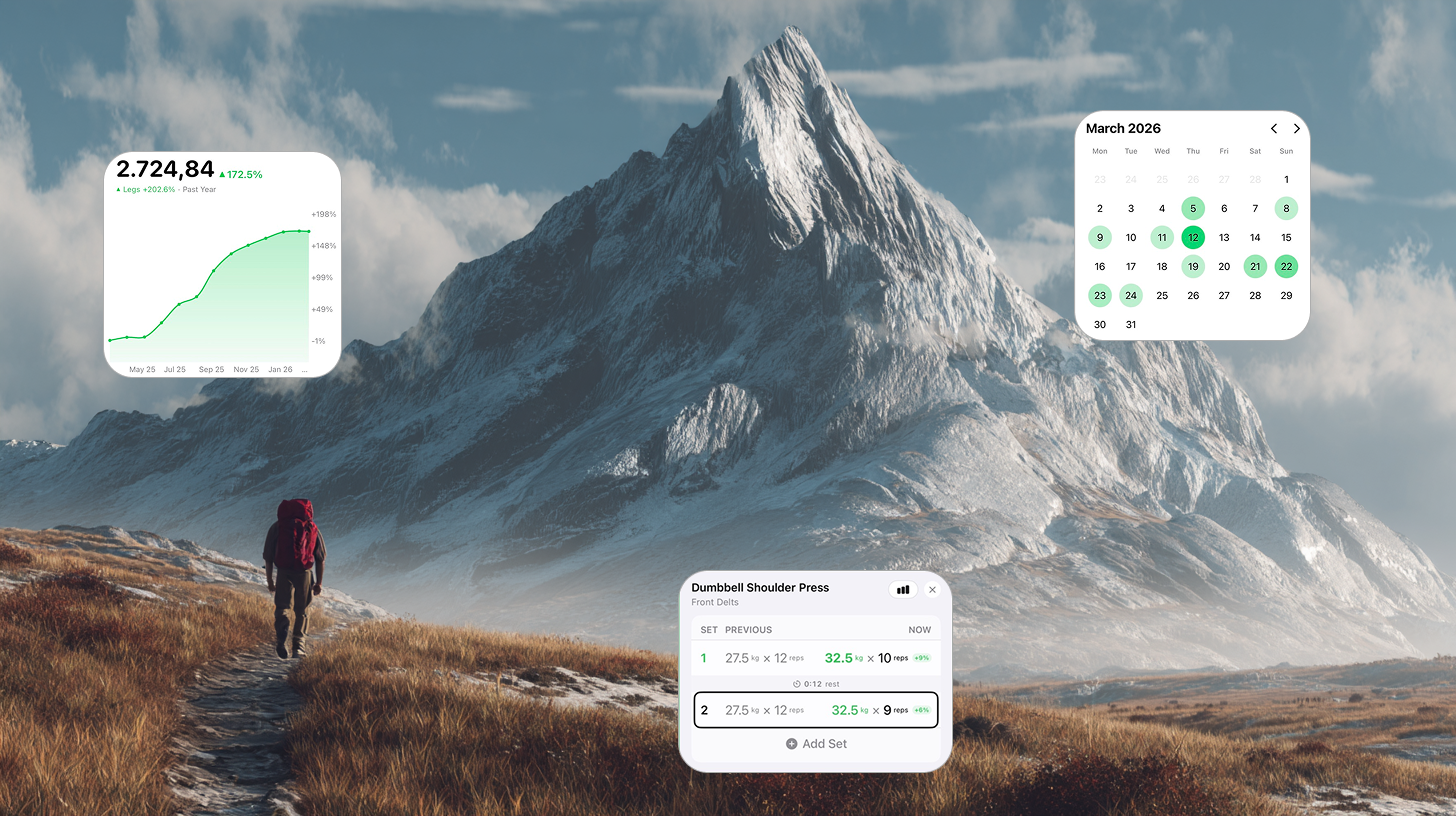 A climber walking toward a mountain peak with Vecta progress, calendar, and workout views overlaid.